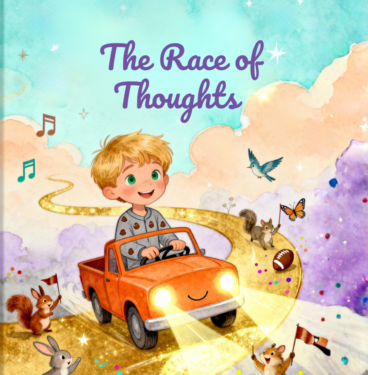 Race of Thoughts book cover showing Liam in an orange truck on a glowing golden path