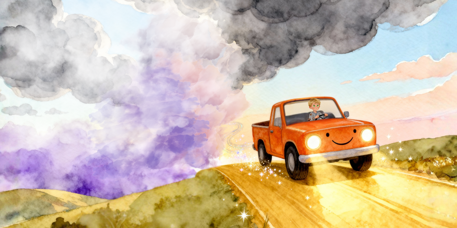 Liam driving away from dark cloudy roads toward light