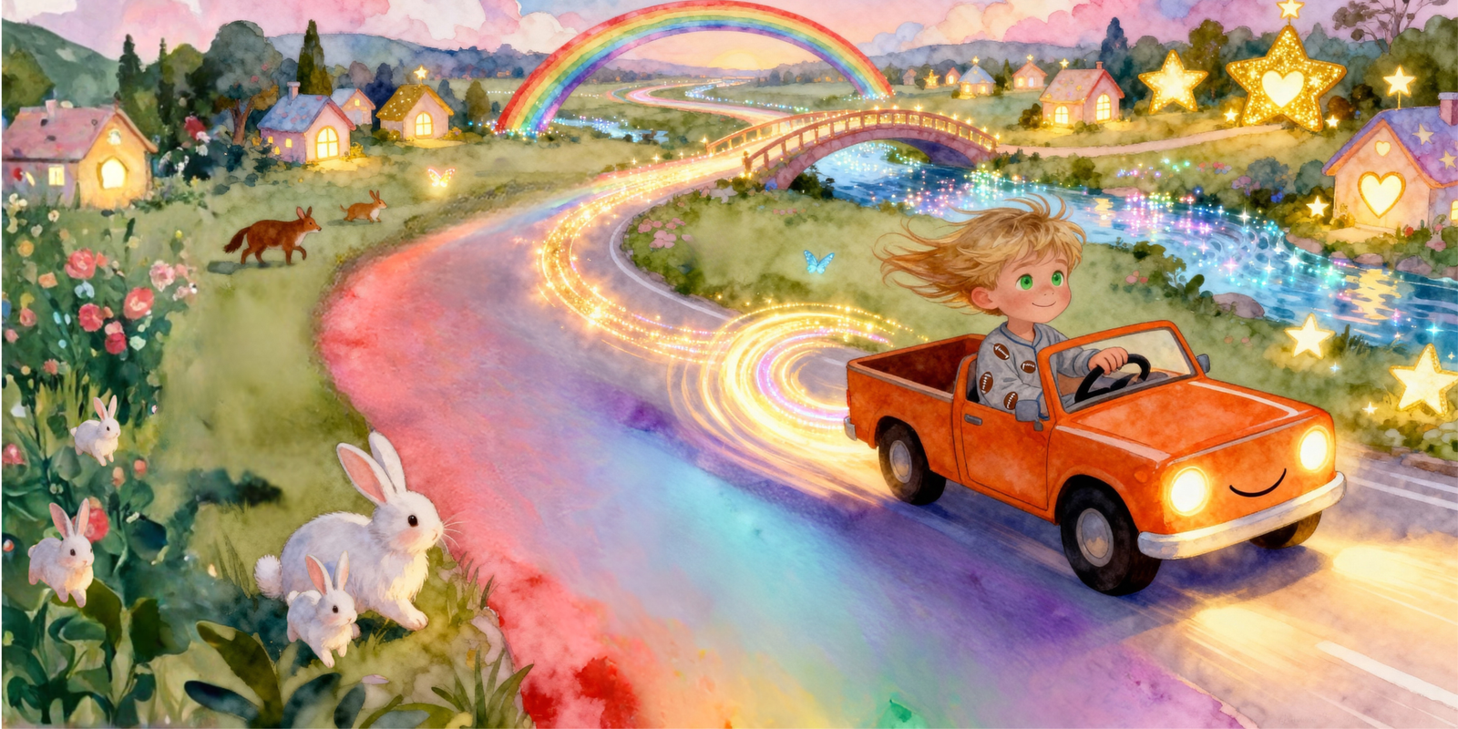 Liam driving his orange truck toward stars and a rainbow path