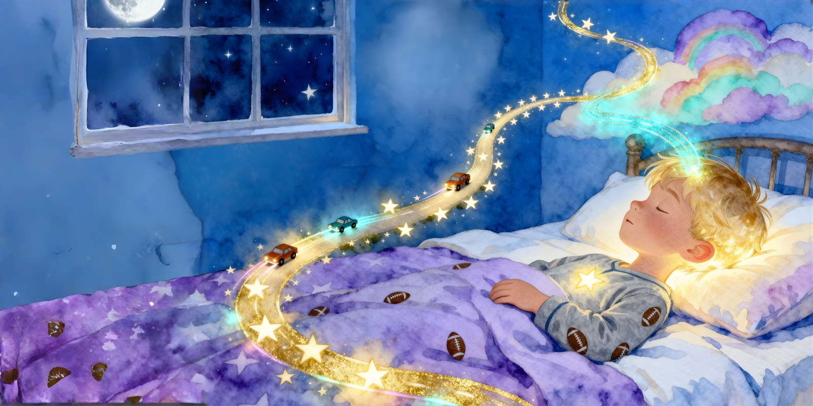 Liam surrounded by magical toy trucks in his bedroom at night