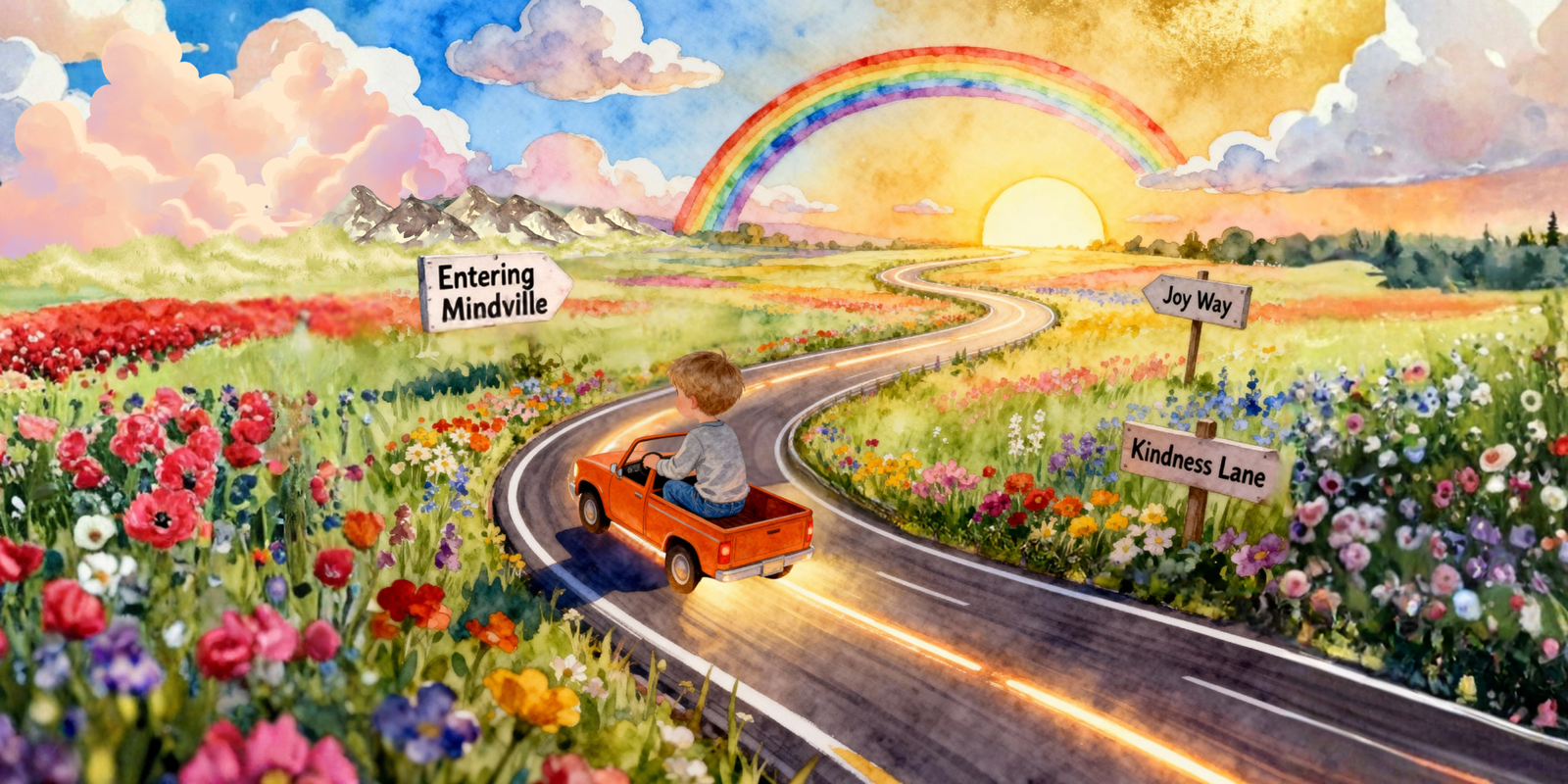 A glowing golden road through colorful hills and flowers