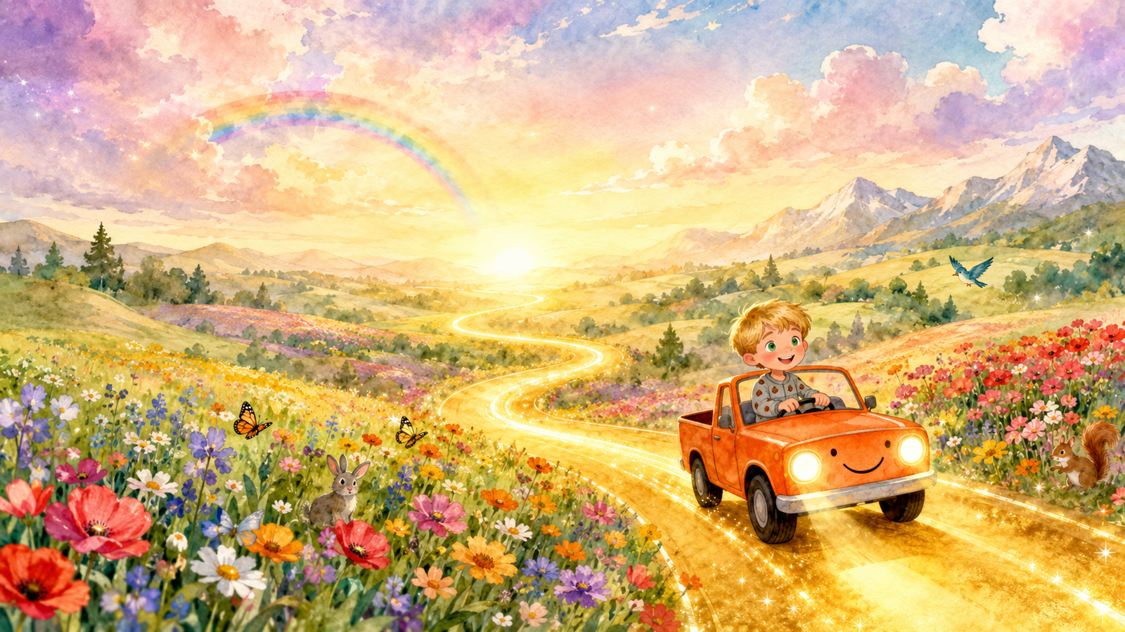 Liam driving his orange truck through a colorful magical landscape with glowing roads, mountains, flowers, and a golden sky