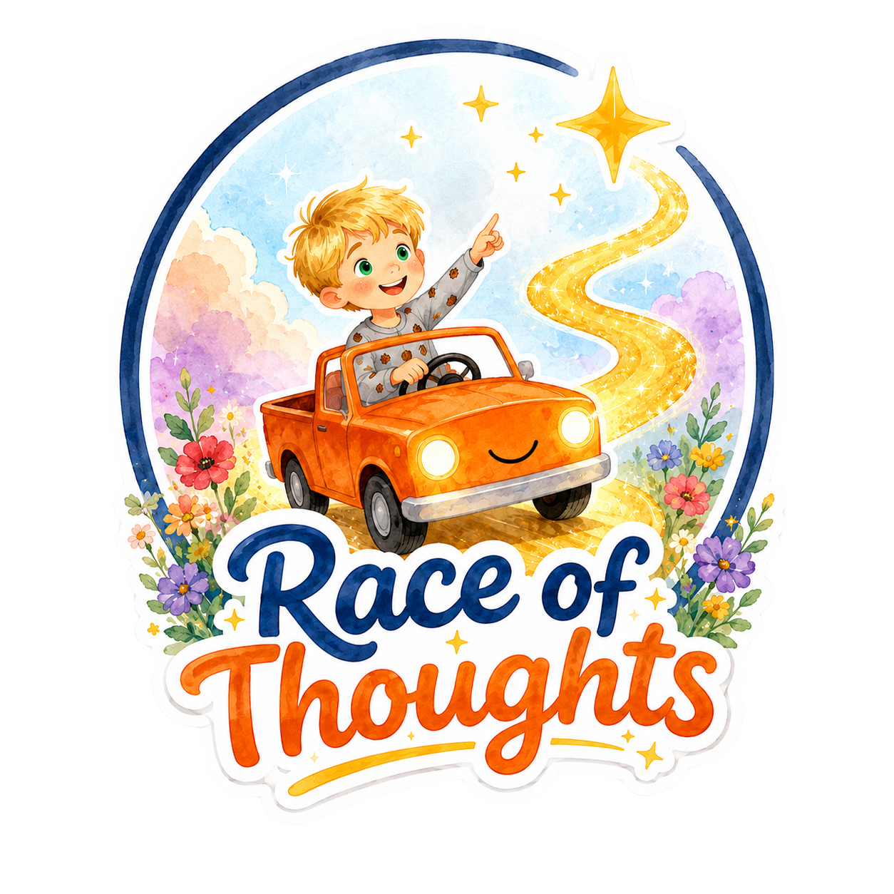 Race of Thoughts logo featuring Liam driving an orange truck toward a glowing path and star