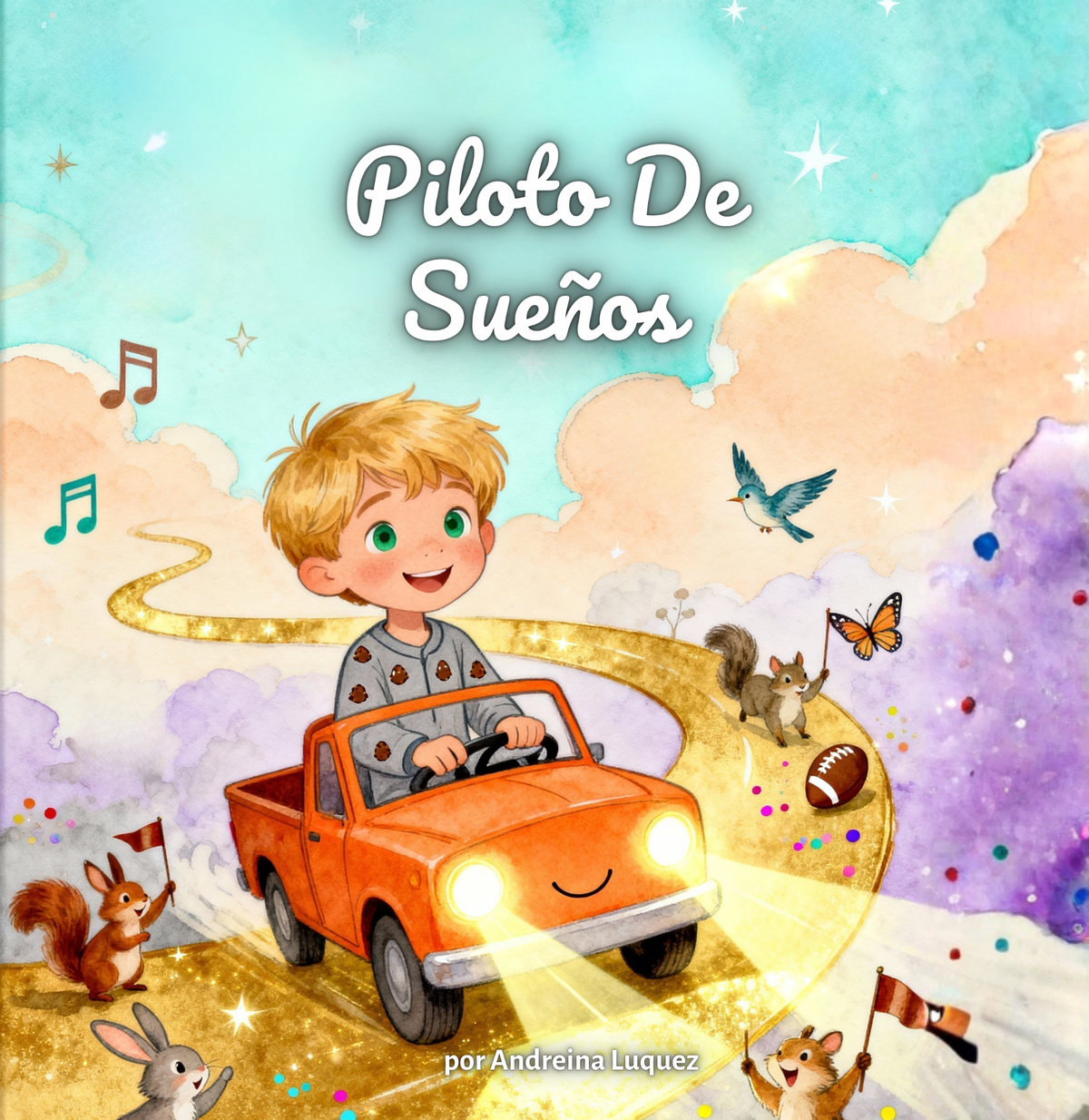 Portada del libro Piloto de Sueños mostrando a Liam en un camión naranja sobre un camino dorado y brillante